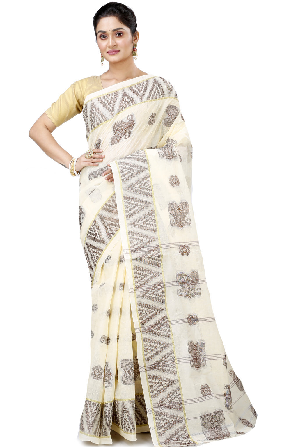 White Brown Pure Cotton Gargi Tant Saree (912)